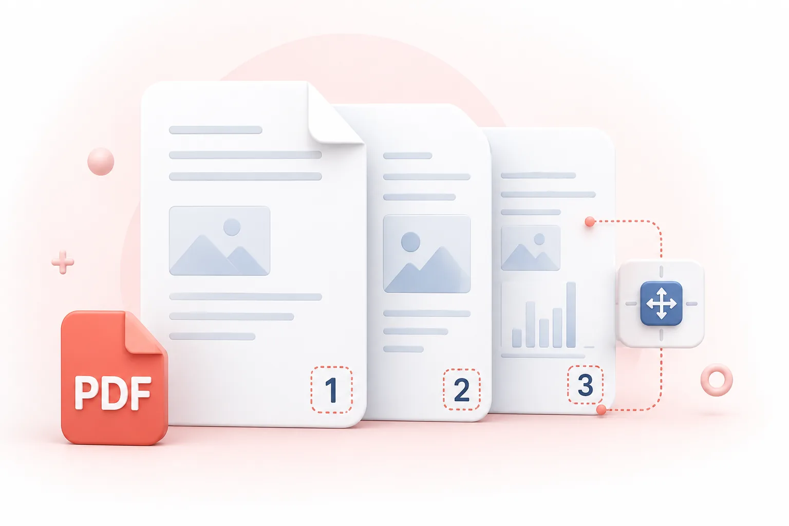 Three PDF pages receiving page numbers one two and three