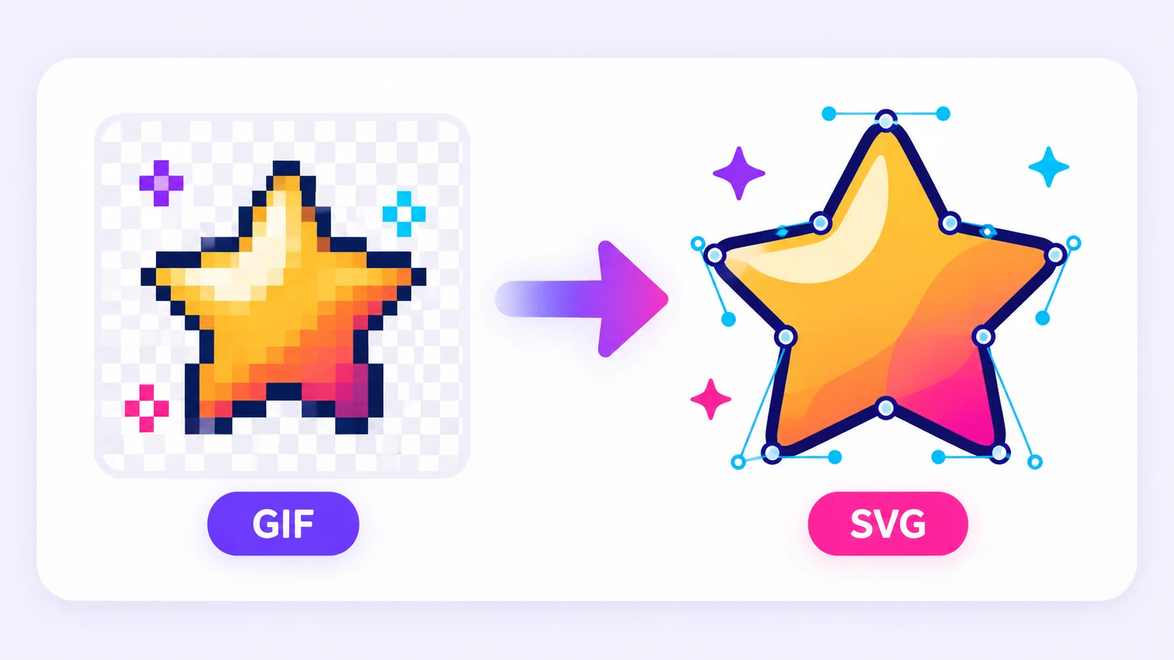 A pixelated GIF graphic being traced into editable SVG vector paths with anchor points