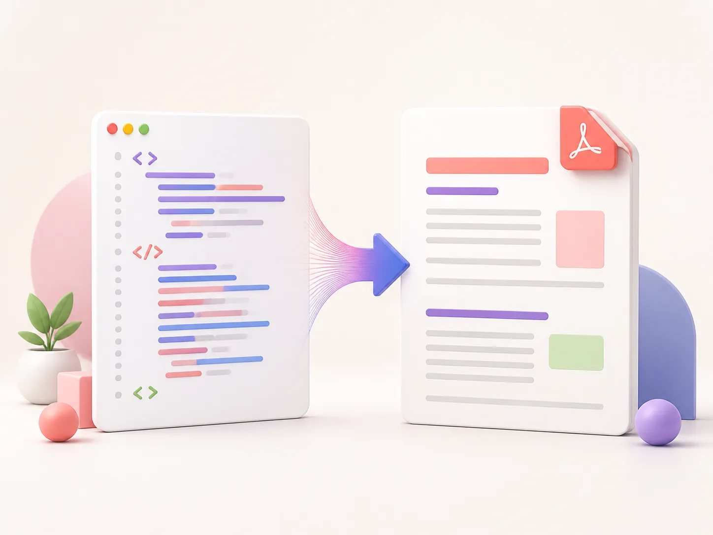 Sanitized HTML code being converted into a structured PDF document