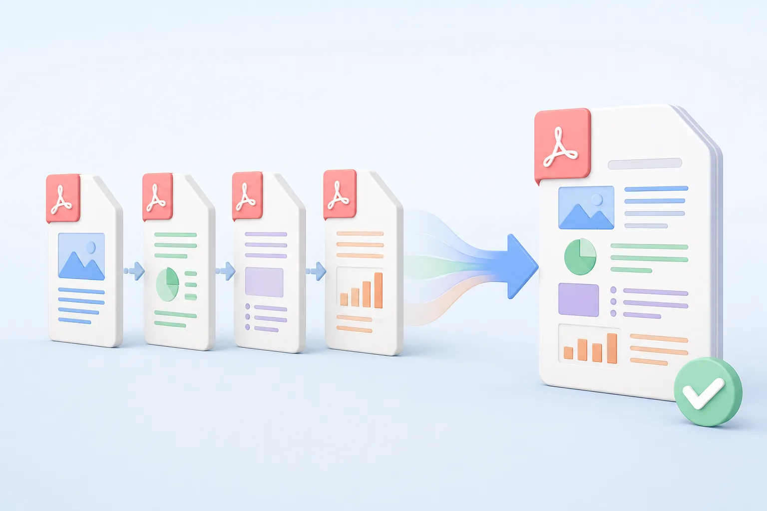 Several ordered PDF documents being combined into one PDF
