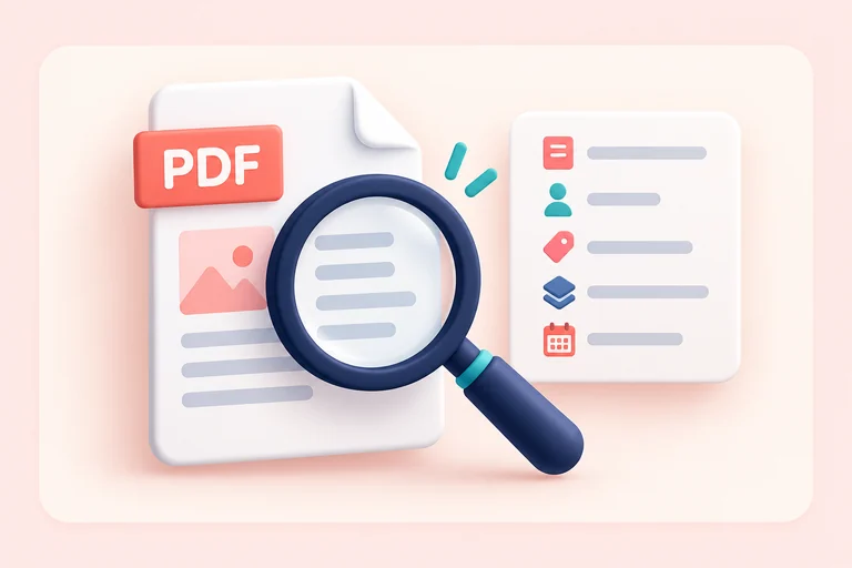A magnifying glass inspecting the properties and metadata of a PDF document