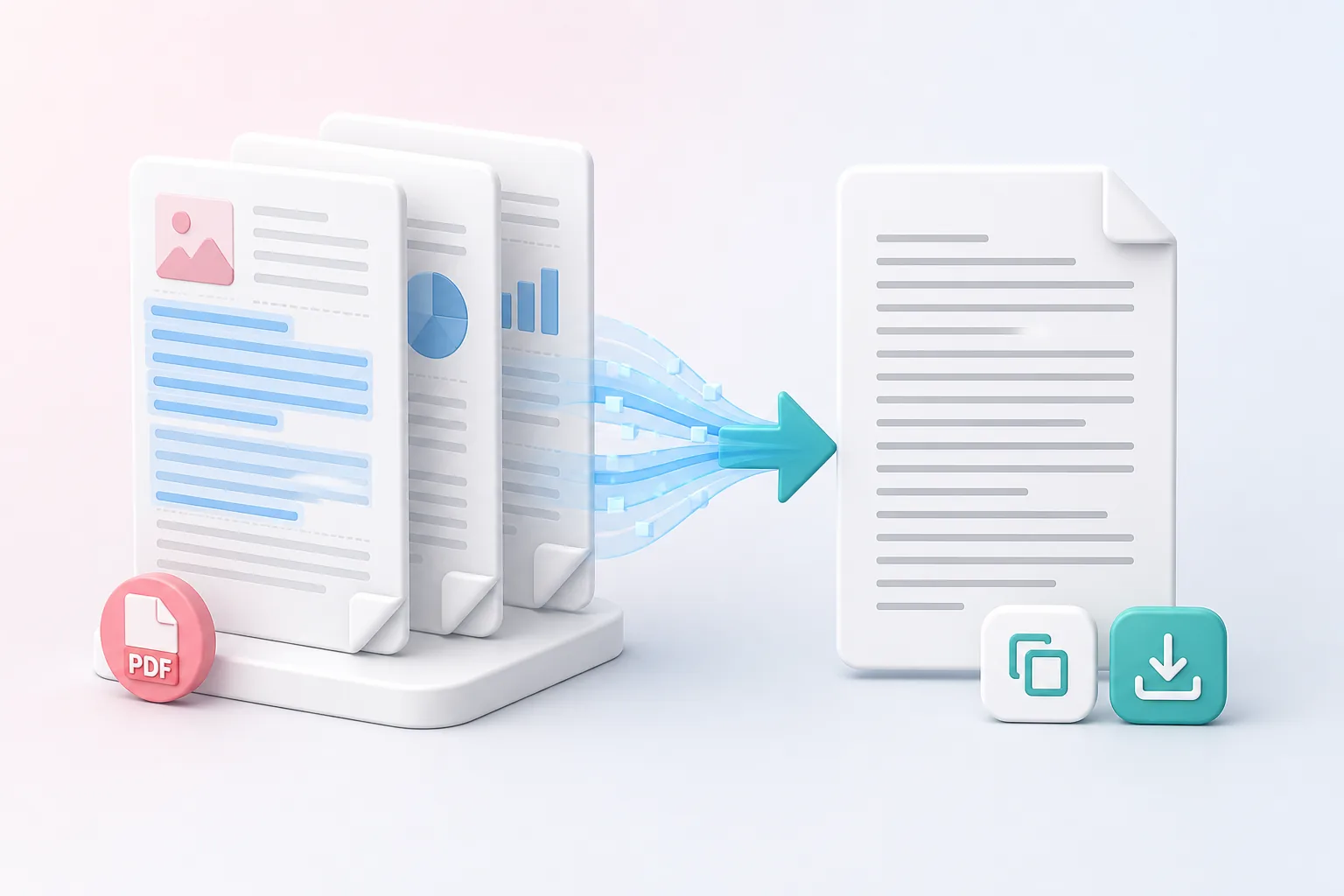 Text being extracted from PDF pages into an editable plain text document