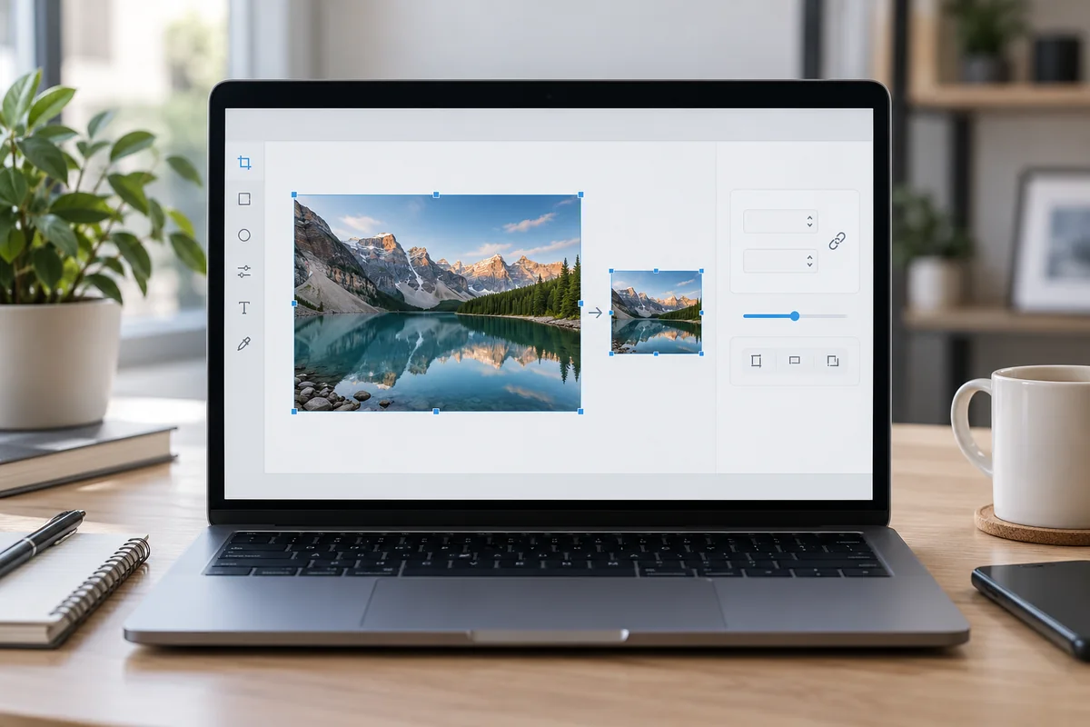 Realistic laptop workspace showing a landscape photo resized to smaller dimensions