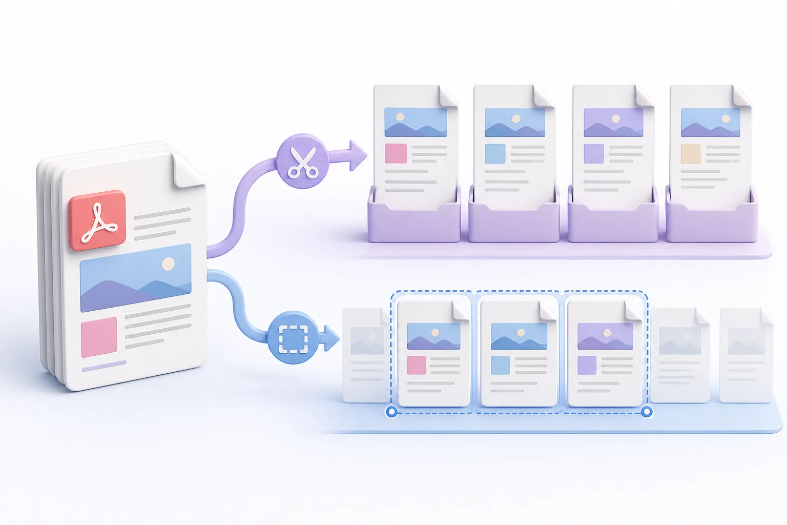 One PDF being split into separate pages and a selected page range